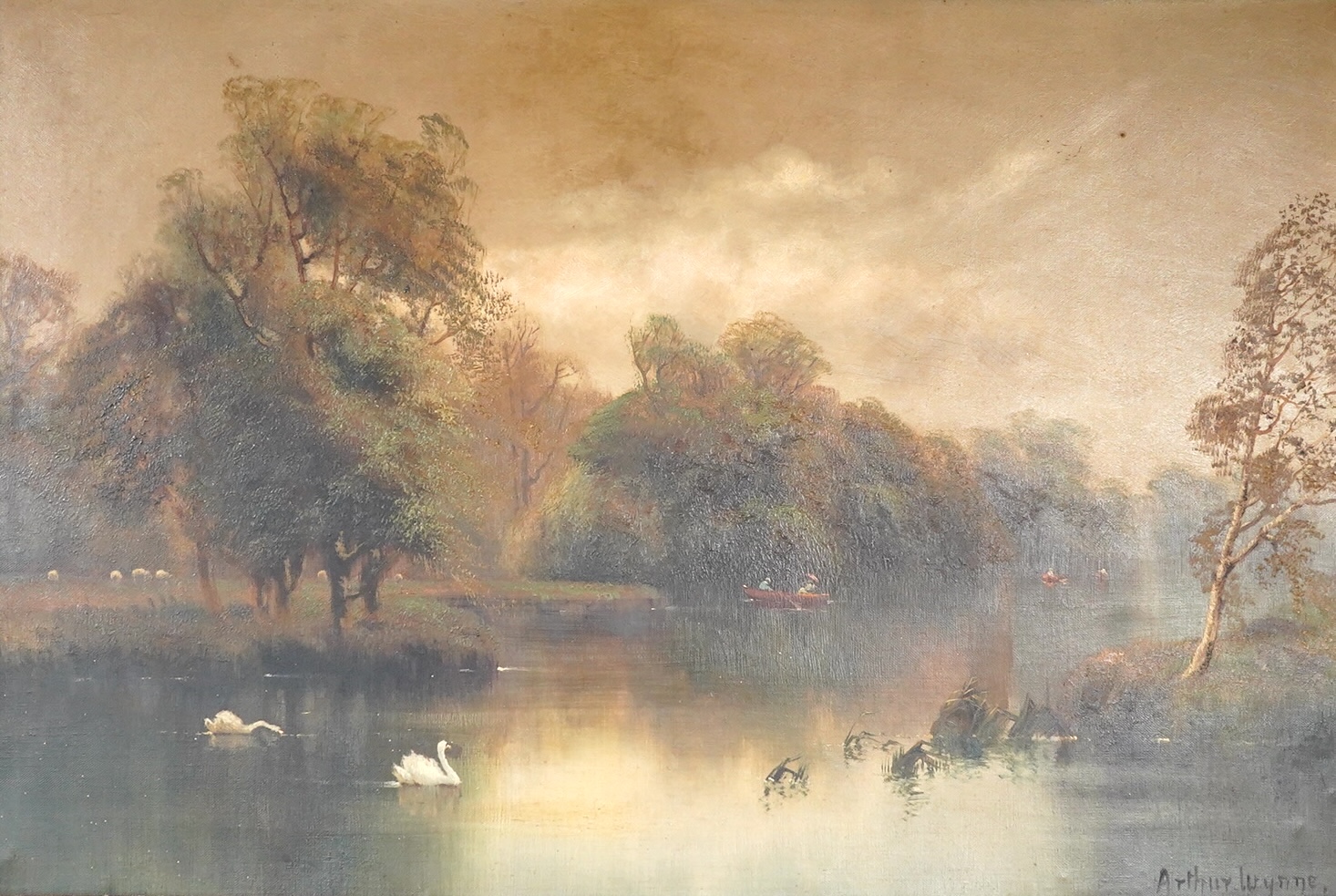 Arthur Wynne (19th. C), Riverscape with swans, signed, oil on canvas, 50 x 75cm